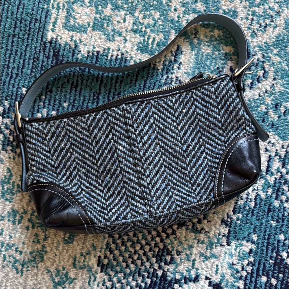 Coach Black and Baby Blue Houndstooth Baguette Bag